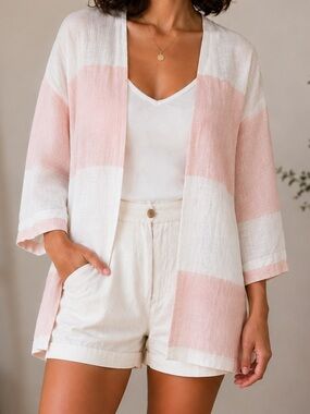Made In Italy Linen Striped Cardigan in Blush and White